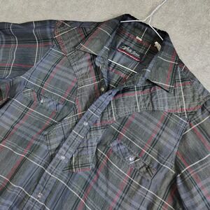 Vtg White Horse Western Gray Pearl Snap Shirt Mens Size 15x34 Plaid Blue Quilted